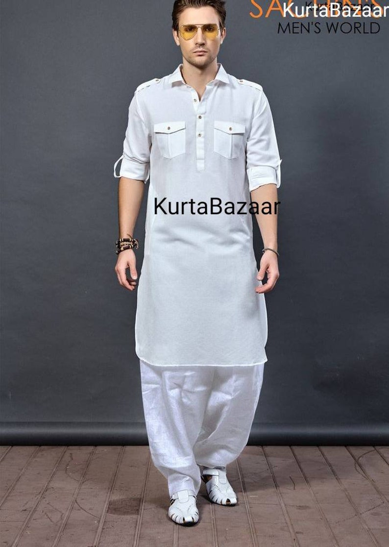 Men's Pathani Kurta,Handmade Kurta, Panjabi Designer Gent's Kurta For Men's,Party Wear Kurta 100% Cotton Solid White Color All Sizes image 1