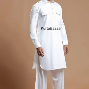 White Cotton Pathani Kurta Pajama Set - Indian Menswear