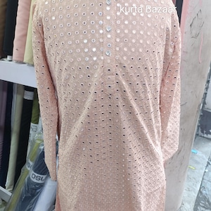 Handmade Peach Kurta Pajama Set: Mirror Work Indian Wedding Outfit