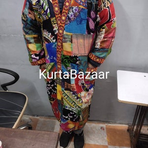 Túnica caftán de algodón con patchwork hecha a mano: Túnica arcoíris para hombre/unisex
