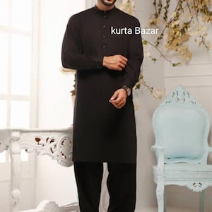 Men&#39;s Black Cotton Pathani Kurta Shalwar: Indian Party Outfit