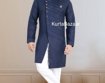 Men&#39;s Navy Blue Cotton Kurta Pajama: Indian Wedding Sherwani Outfit