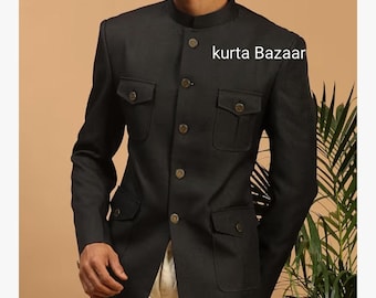 Indian Wedding Jodhpuri Suit: Men's Bandhgala Coat, Solid Black Designer Outfit