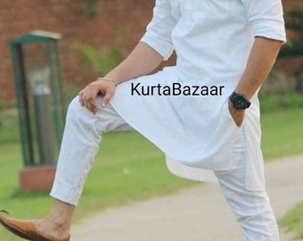 Handmade Men's White Cotton Kurta Pajama Set: Nehru Collar