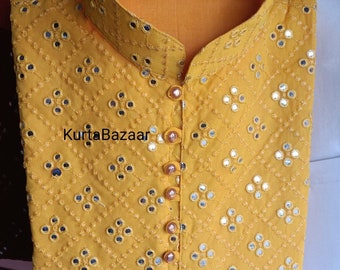 Handmade Silk Kurta: Yellow Mirror Work Party Wear