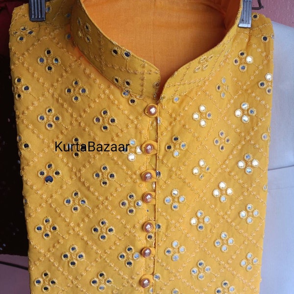 Mens Kurta, Handmade Kurta, Men Outfit Kurta, Unique Kurta, Kurta Party Wear, Solid 100% Silk Yellow Colour Kurta Mirror Work Sequence Kurta