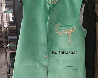 Mintgrüne Samt Nehru Jacke: Indische Hochzeit Zardoji Weste