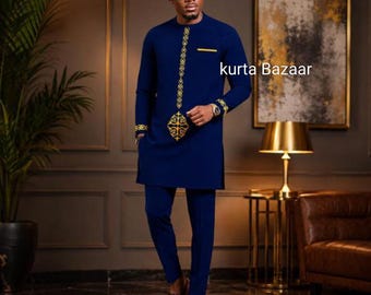 African Men's Outfit, Cotton Royal blue colour coat with Golden trim and Pants Set
