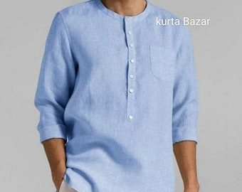 Men's Sky Blue Linen Kurta: Indian Wedding Shirt