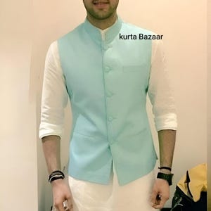 Green Cotton Brocade Nehru Jacket Set: Indian Wedding Kurta Pajama