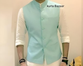 Grüne Baumwolle Brokat Nehru Jacke Set: Indische Hochzeit Kurta Pyjama
