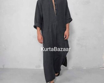 Indian Men's Robe Kaftan,Long Kaftan, Handmade Kaftan, Unisex Kaftan,Long Kaftan, Solid Black Kaftan For Men's,  Kaftan Man, Linen Kaftan