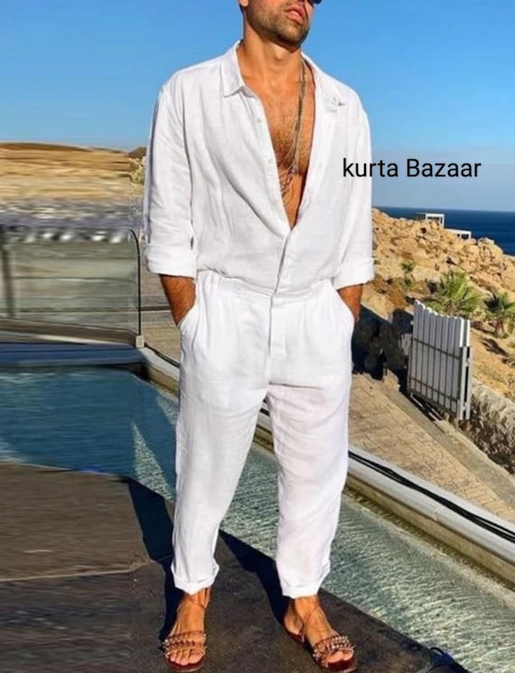 White Cotton African Mens Outfit: Traditional Kurta Shirt & Pants