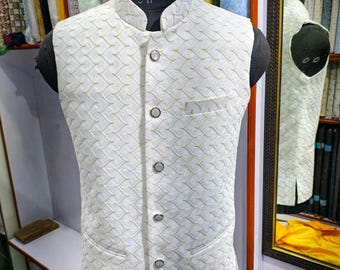 Veste Nehru en soie blanche faite main : mariage indien Kote Work