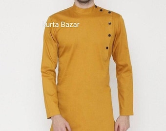 Caftán de lino para hombre: túnica de manga larga mostaza