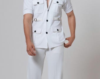 Conjunto de camisa y pantalón de lino blanco para hombre: conjunto playero con cordón