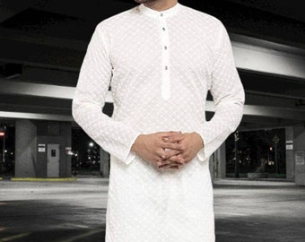 New Lucknowi Chikankari Men's Kurta Pajama Set,Man Kurta Pajama,Wedding Kurta Pajama, Indian Embroidered Kurta Payjama Cotton White Color