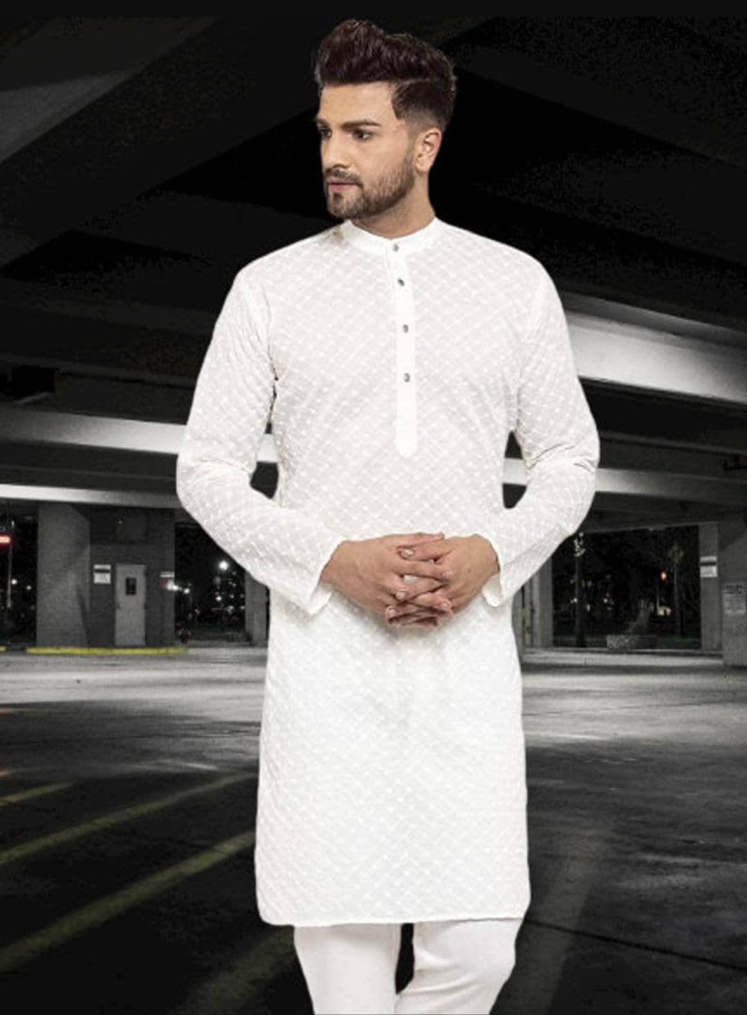 Lucknowi Chikankari Men's Kurta Pajama Set: Indian Embroidered