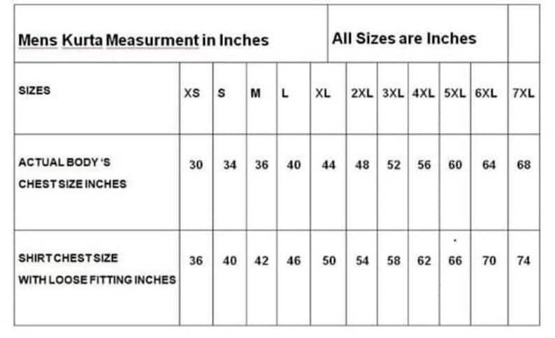 Op de afbeelding: Een tabel met maatvoeringen voor heren kurta's in inches. De tabel bevat maten van XS tot 7XL, met bijbehorende borstmaten voor zowel de werkelijke lichaamsmaat als de borstmaat van het shirt met een losse pasvorm.