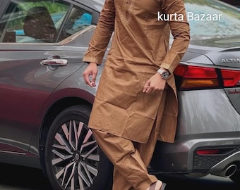 Handmade Brown Cotton Kurta: Indian Men's Party Wear