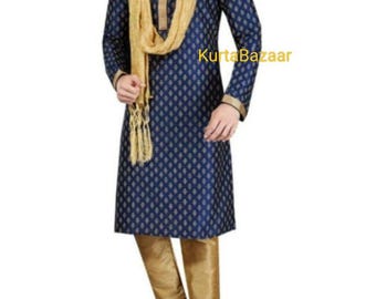 100% siden blå kurta pyjamaset, etnisk festklädsel för män