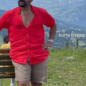 Handmade Linen Henley Shirt: Red Ethnic Menswear