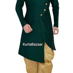 Indo-westerse zijden kleding, Indiase bruiloft bruidegom outfit bruiloft jodpuri bandgala sherwani jas voor mannen, effen groene kleur designer kostuums