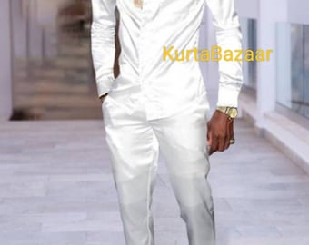 White Silk Kurta Pajama Set: Indian Mens Wedding Outfit