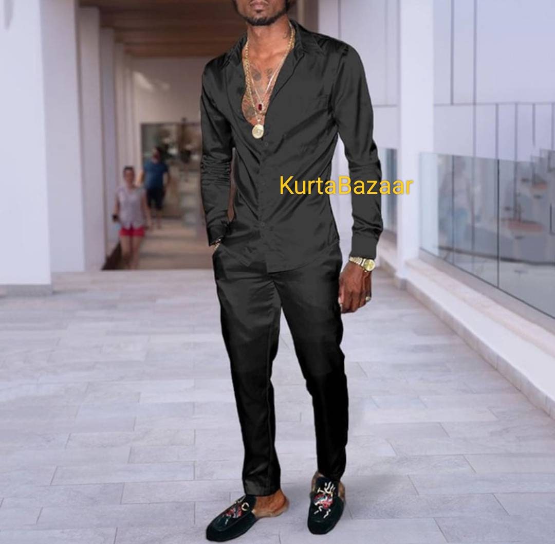 African Men's Silk Cotton Outfit: Solid Color Shirt and Pants
