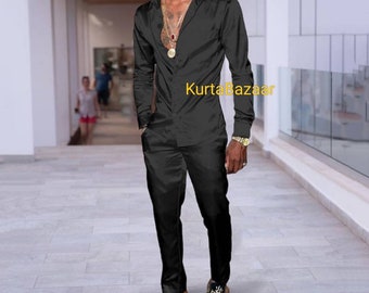 African Men&#39;s Silk Cotton Outfit: Solid Color Shirt and Pants