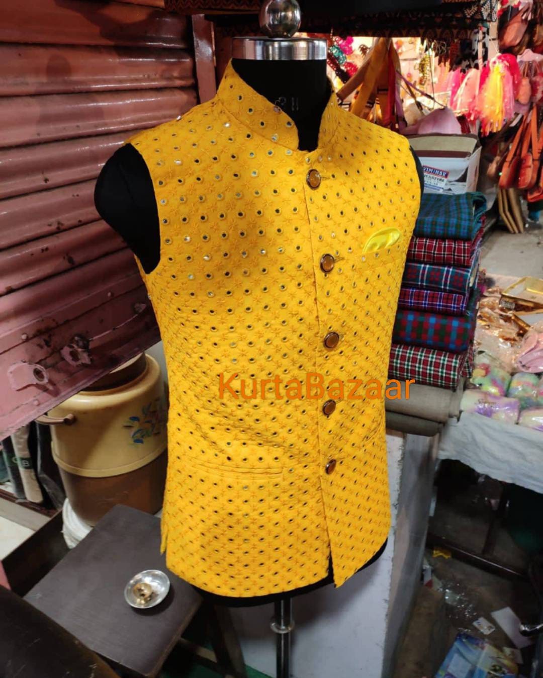 Handmade Indian Nehru Jacket Yellow Cotton Silk Waistcoat With Mirror — free download
