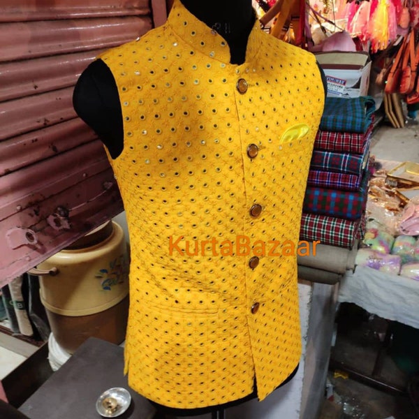 Handmade Indian Nehru Jacket For Men |Fine Cotton Silk Waist Coat |Men's Jacket |Solid Color Yellow | Indian Wedding Kote Mirror work Jacket