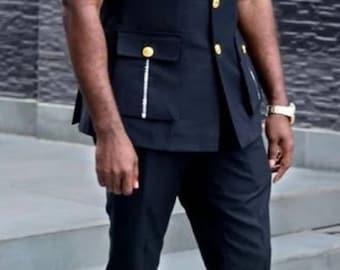 African Men's Suit: Black Cotton Dashiki, Groom Wedding Outfit