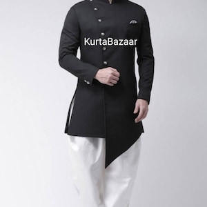 Black Cotton Sherwani Suit: Indo Western Wedding Outfit