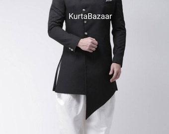 Black Cotton Sherwani Suit: Indo Western Wedding Outfit