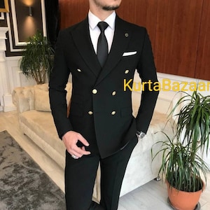 High Quality Men black gold tuxedo men suit black 2 pieces men&#39;s formal suits costume Black Double Breasted Suit 2-Piece