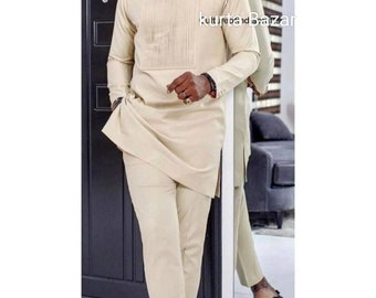 Beige African Men&#39;s Suit: Luxury Cotton Dashiki Wedding Outfit