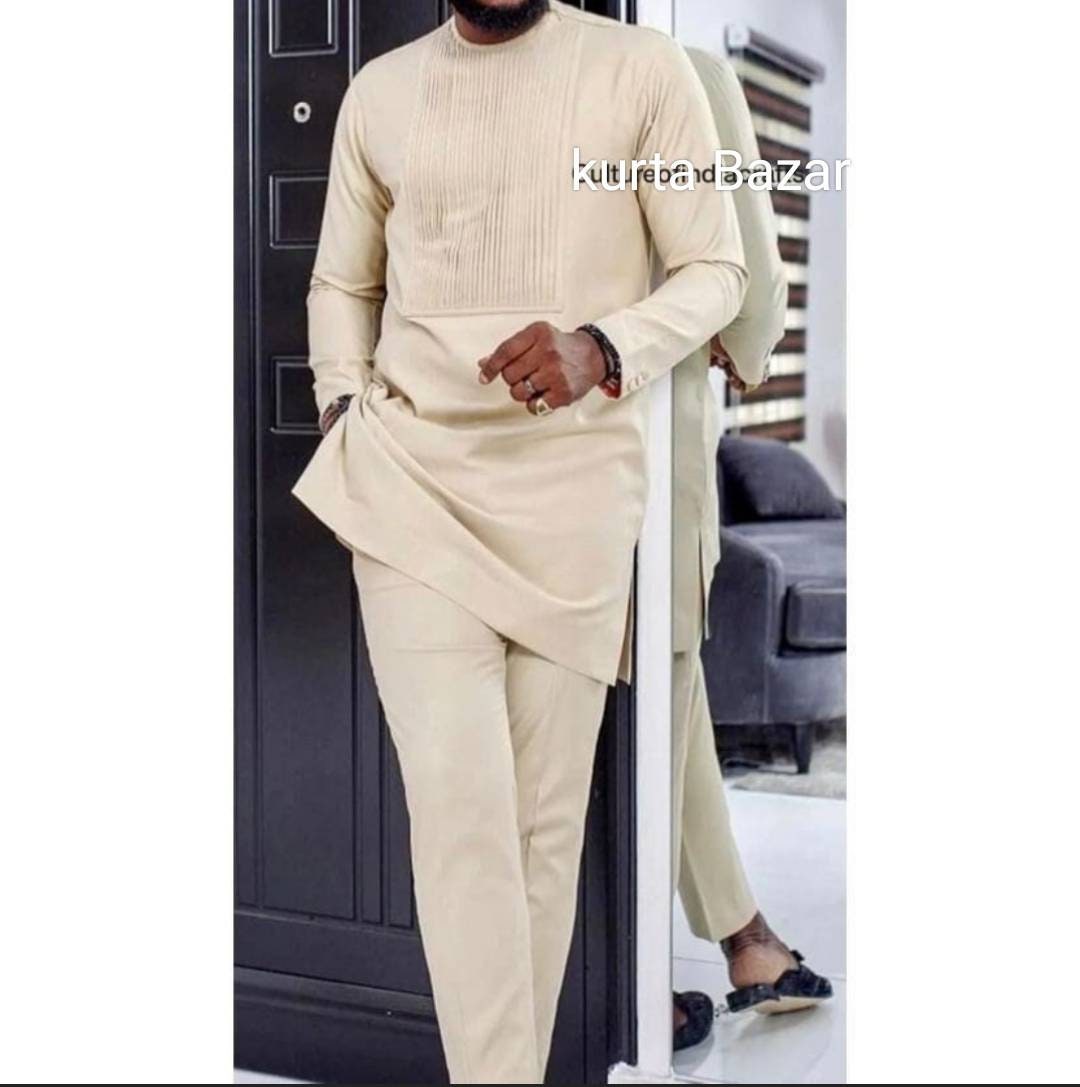 Beige African Men's Suit: Luxury Cotton Dashiki Wedding Outfit