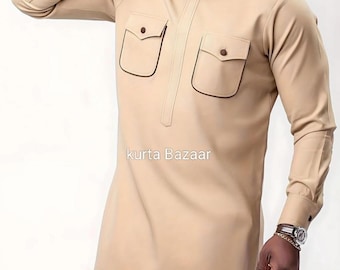 Beigefarbener afrikanischer Herrenanzug: Luxus-Baumwoll-Dashiki-Hochzeits-Outfit