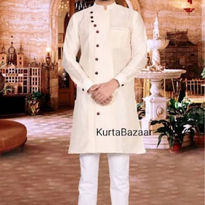 Solid Off White Silk Sherwani: Indian Wedding Groom Outfit