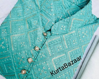 Men&#39;s Light Green Silk Kurta Pajama Set: Embroidered Indian Outfit