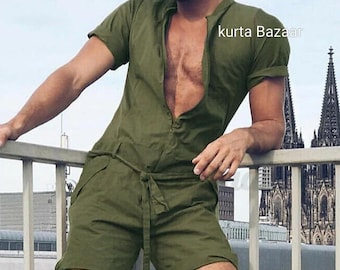 Men's Green Linen Jumpsuit: solid one piece suit