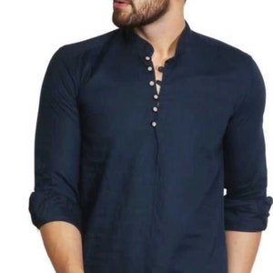 Men&#39;s Handmade Cotton Kurta: Navy Blue Indian Ethnic Dress