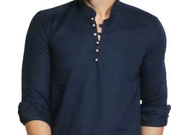 Men's Handmade Cotton Kurta: Navy Blue Indian Ethnic Dress