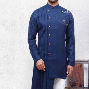 Handmade Men&#39;s Cotton Kurta: Solid Blue Designer Shirt