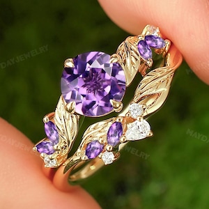 Delicate 1.25CT Round Cut Inspired Natural Lavender Amethyst Promise Statement Ring For Her Art Deco Leaf Purple Gemstone Branch Daily Ring
