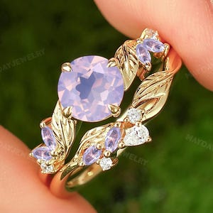 7mm Round Cut Inspired Vintage Natural Lavender Amethyst Bridal Ring Set Rose Gold Art Deco Leaf Purple Gemstone Branch Jewelry Promise Ring