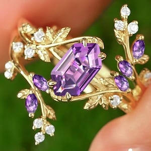 1.10CT Long Hexagon Cut Vintage Natural Lavender Amethyst Purple Gemstone, Solid Gold Promise Ring Birhtstone Ring anniversary Gift for her