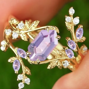 5x9mm Inspired Vintage Natural Lavender Amethyst Art Deco Leaf 14k Solid Gold Promise Ring February Birhtstone sterling silver purple ring
