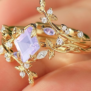 Nature Inspired Vintage Natural Lavender Amethyst Engagement Bridal Ring Sets 14K Solid Gold 6x8mm Art Deco February Birthstone Ring Leaf